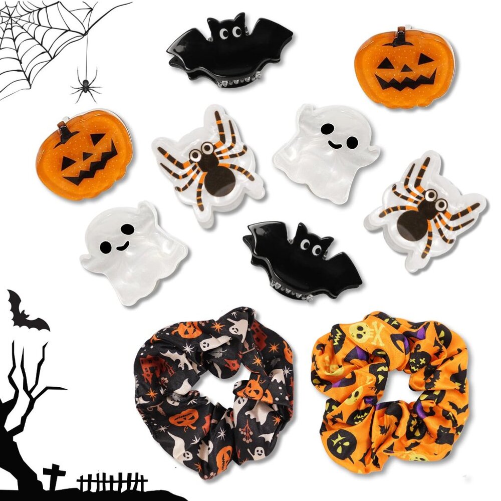 Halloween Hair Clips Sets, 8PC Small Halloween Hair Claw Clips and 2 Hair Ties,